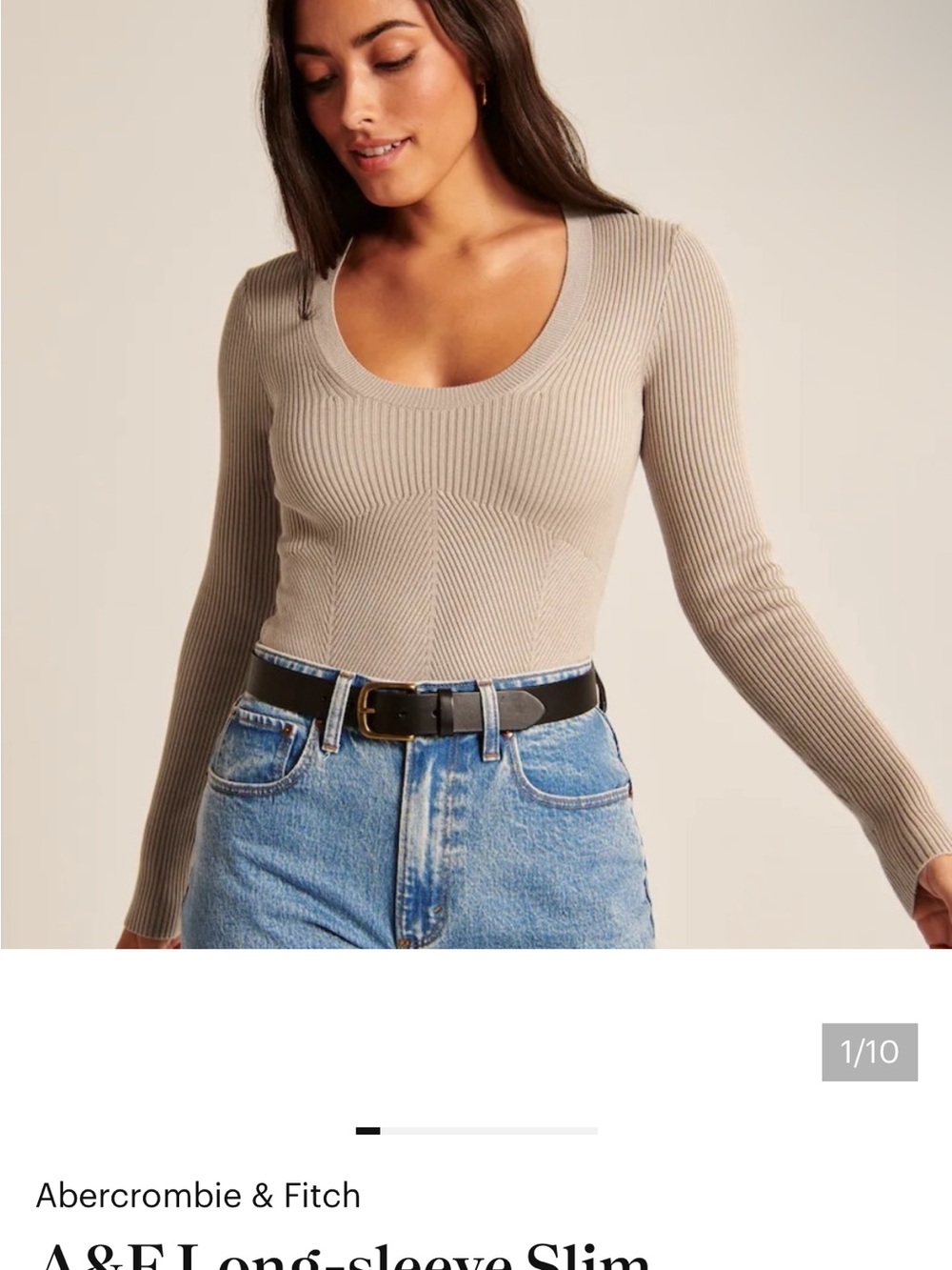 Abercrombie & Fitch Ribbed Scoop Neck Long-Sleeve Top - Beige